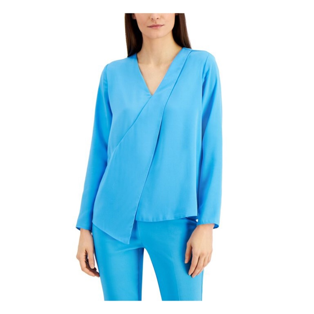 ALFANI Womens Aqua Draped Front Long Sleeve V Neck Top M
